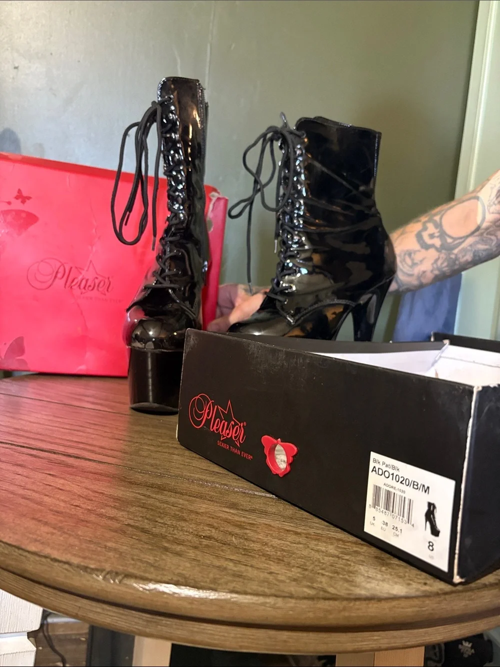 Pleaser Black Patent Lace-Up Platform Ankle Boots